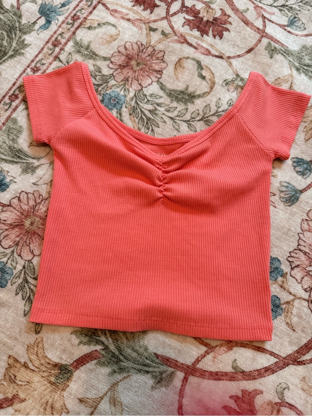 American Eagle Outfitters Coral Ribbed Ruched Crop Top